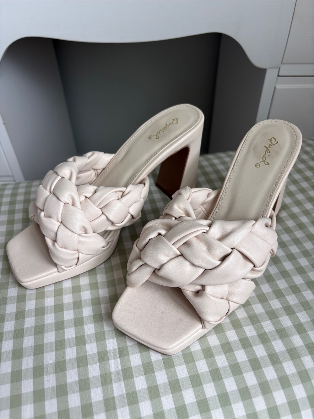 Qupid Pale Cream Braided Block Heel Mules